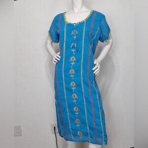 Blue Homemade Bohemian Cottagecore Floral Embroidered Sheath Midi Dress Size L